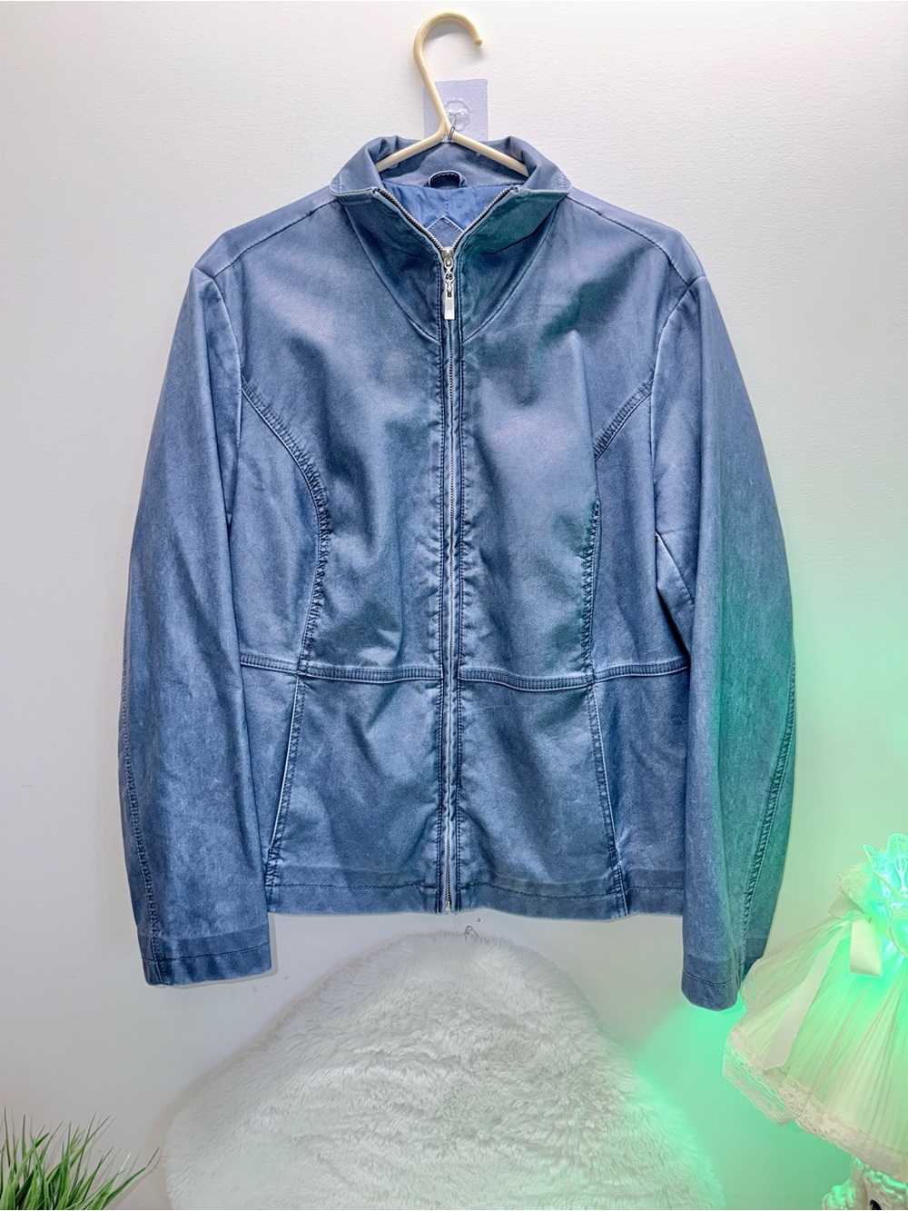 Blue Faux Leather Zip-Up Jacket Beautiful Condition 💝